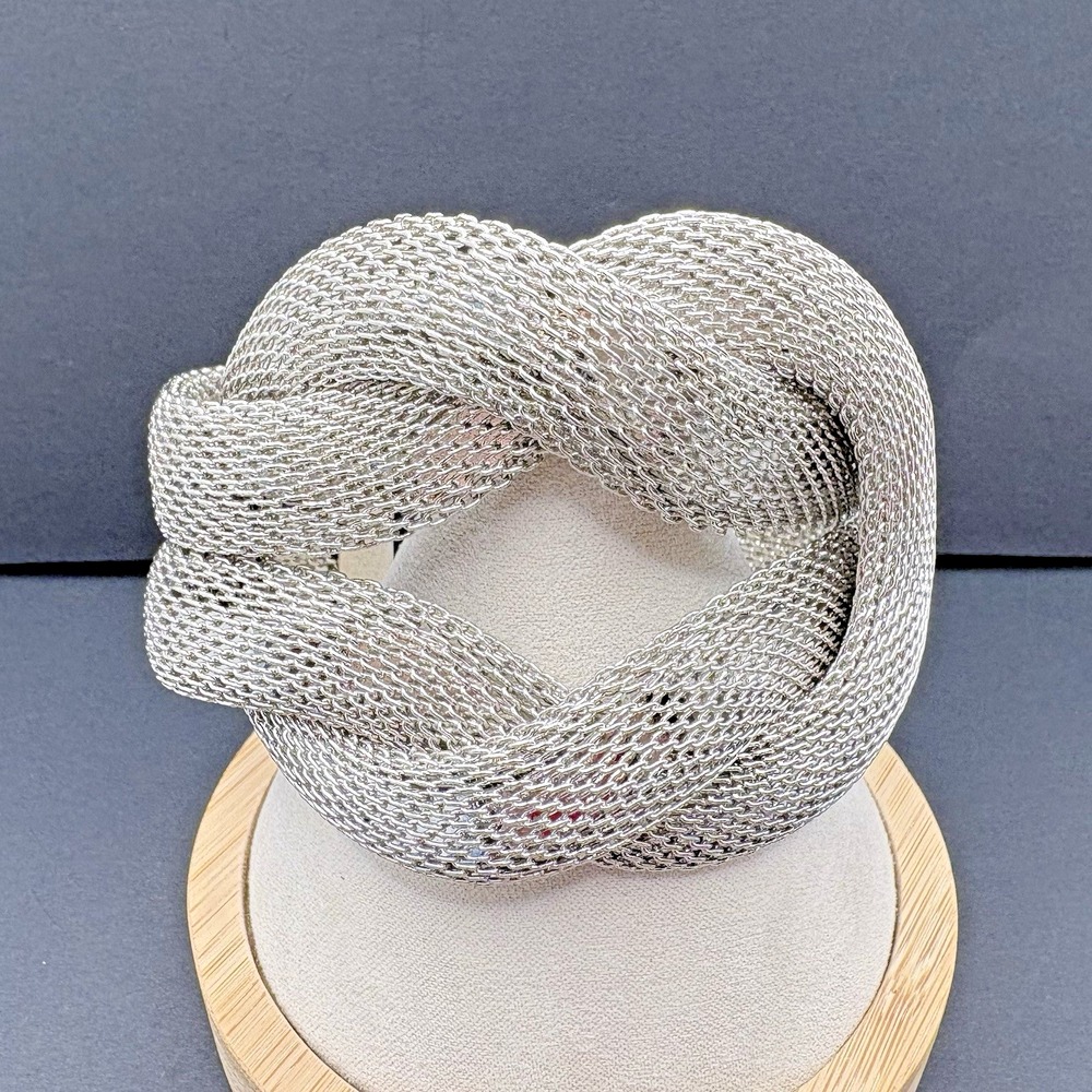 Woven Metal Mesh Interlocking Love Knot Cuff Bracelet Silver Tone Bold Statement